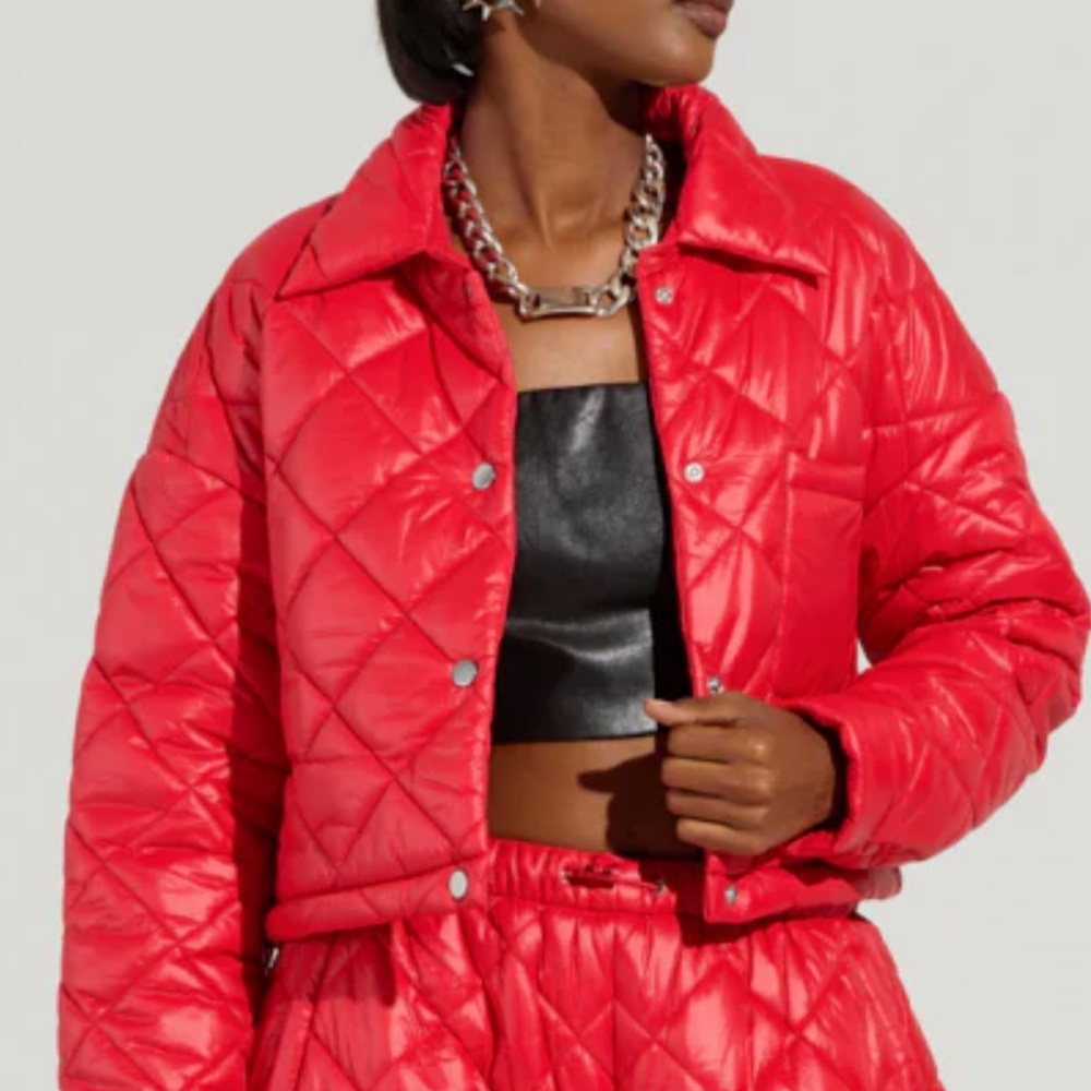 Red Quilted Cropped Jacket - Picture 5 of 6